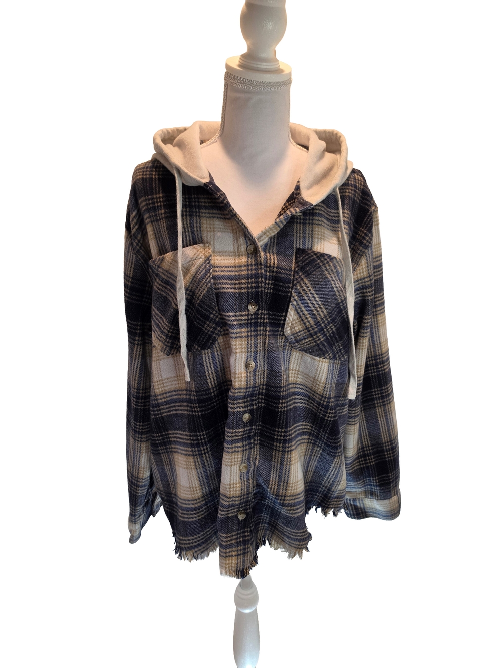 WallFlower Hooded Plaid Flannel Shacket Women's XL Blue Beige Button Front Shirt